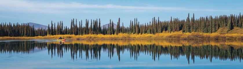 Fototapeta premium Serene landscape with a calm lake reflecting trees and a kayaker.