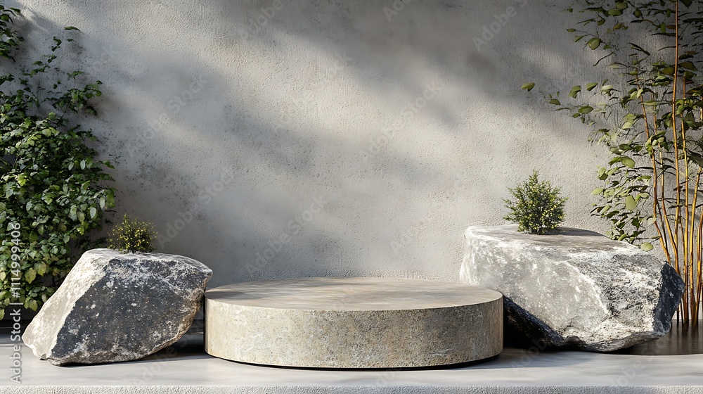 Poster stone platform with greenery in minimalist setting