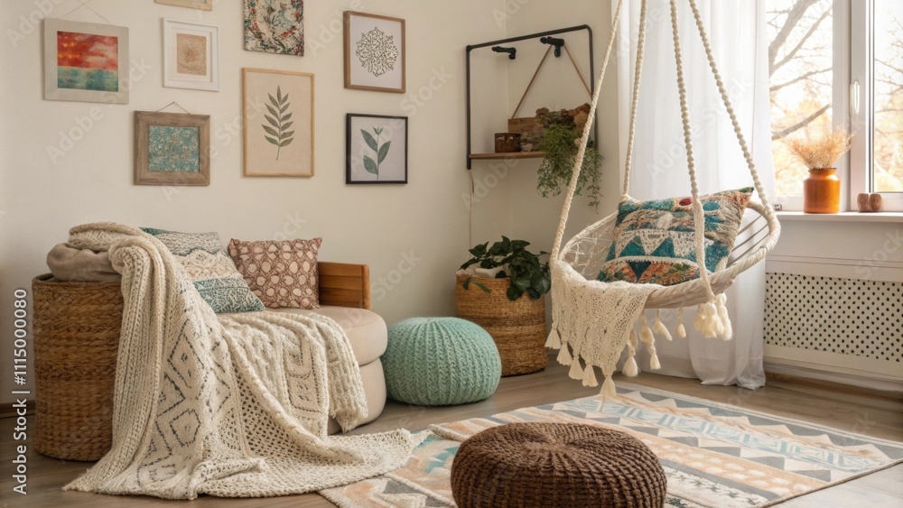 Poster layers of textiles including patterned throw blankets and knitted poufs create a sense of comfort an