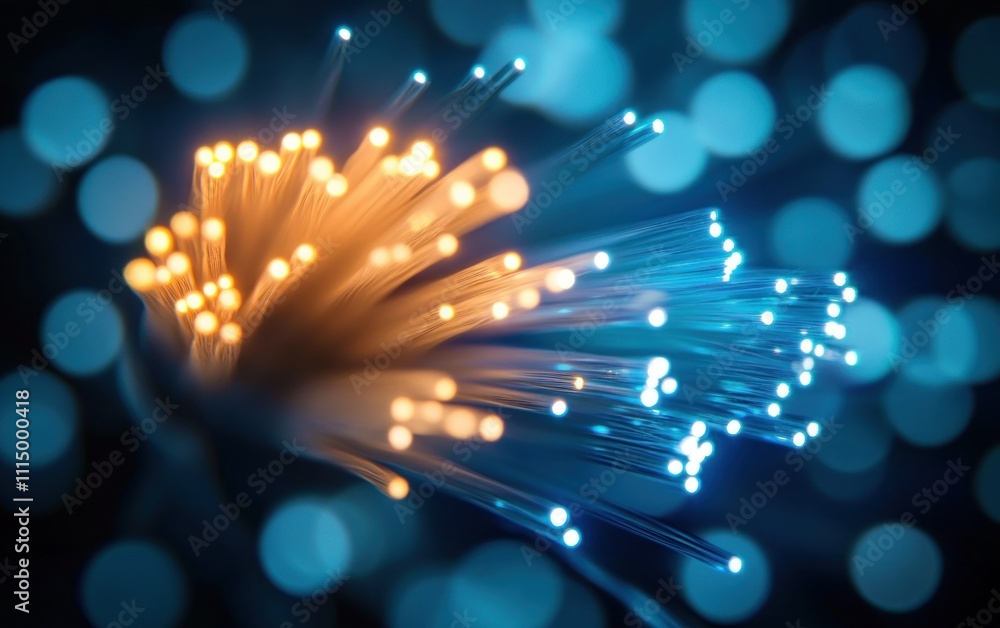 Poster fiber optics abstract light background with bokeh effect for high technology communication