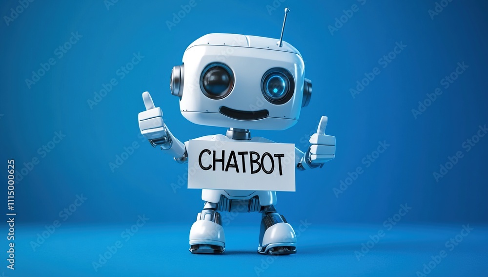 Poster chatbot robot shows thumbs up, digital assistant ai technology approves, future of communication is 