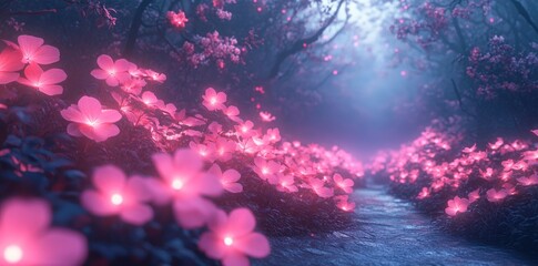 Glowing Pink Flowers Line A Dark Forest Path