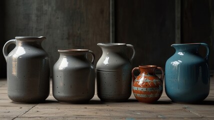 Five ceramic jugs in various sizes and colors on a wooden surface.