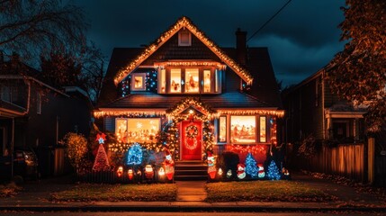 Fototapeta premium Festively decorated house illuminated at night 