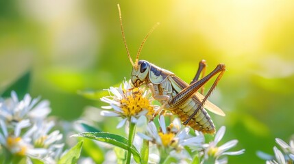 Close-Up of Field Cricket with Wild Grass Flowers.