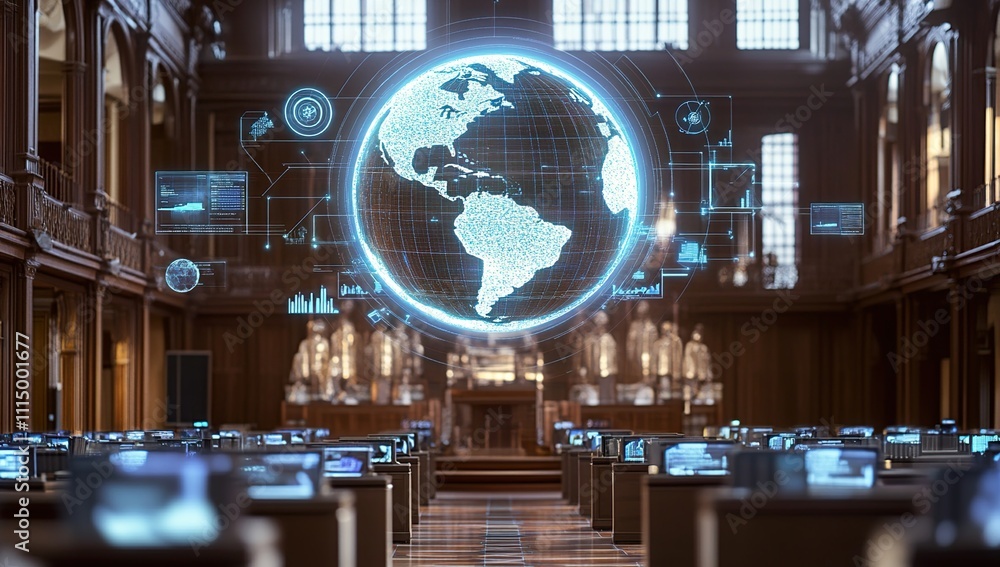 Aufkleber global data network: visualizing worldwide information flow in a historic hall, advanced technology 