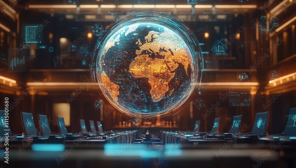 Aufkleber global network: data visualization of a holographic earth with futuristic technology in a conference