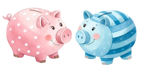 piggy bank watercolor set painting drawing cut out isolated on white background