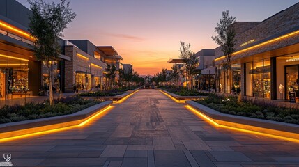 Fototapeta premium A vibrant shopping area at sunset, showcasing modern architecture and illuminated pathways.