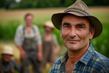 Fototapeta premium Photography of a France group of professional farmers and in outdoor workspace, the team manager is in front.