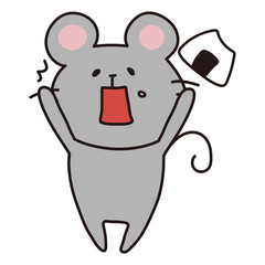 Obraz premium おにぎりを食べて驚くネズミ