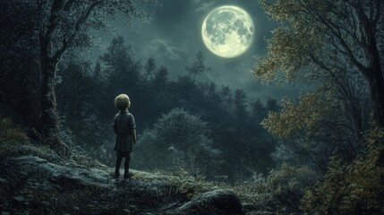 Obraz premium Child Gazing at the Moonlit Forest