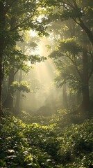 Fototapeta premium Shimmering golden light illuminating a mystical forest, golden glow, mystical landscape, artistic interpretation, natural beauty, shimmering effect