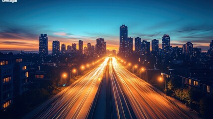Fototapeta premium A vibrant city skyline at dusk with light trails from moving vehicles.