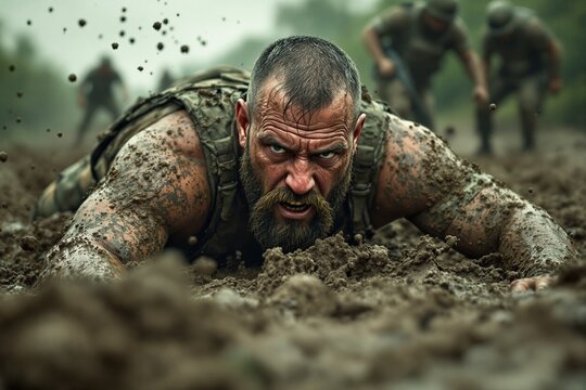 Intense Military Training: Soldier Enduring Mud Crawl in Grueling Conditions