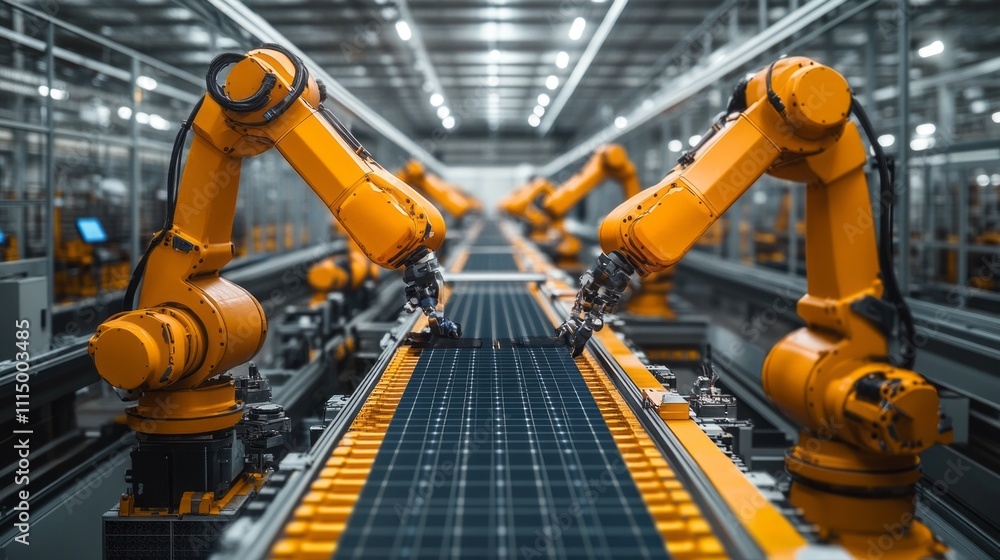 Poster Advanced robotic arms efficiently work together to assemble solar panels on a conveyor belt within a modern manufacturing facility. The bright interior showcases cutting-edge technology and teamwork