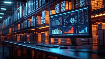 Obraz premium Warehouse Workspace with Data Analytics Monitor and Organized Storage Shelves