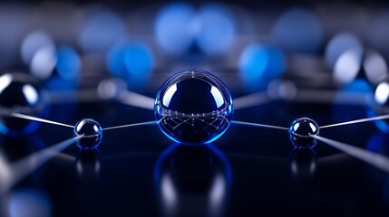 A group of glass spheres floating on top of a black surface