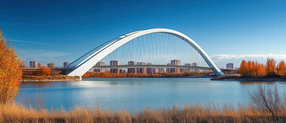 Fototapeta premium A modern arch bridge spans a calm river, surrounded by autumn foliage and urban scenery.