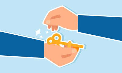 A businessman’s hand handing a key to another hand, illustration of offering and providing solutions for business challenges