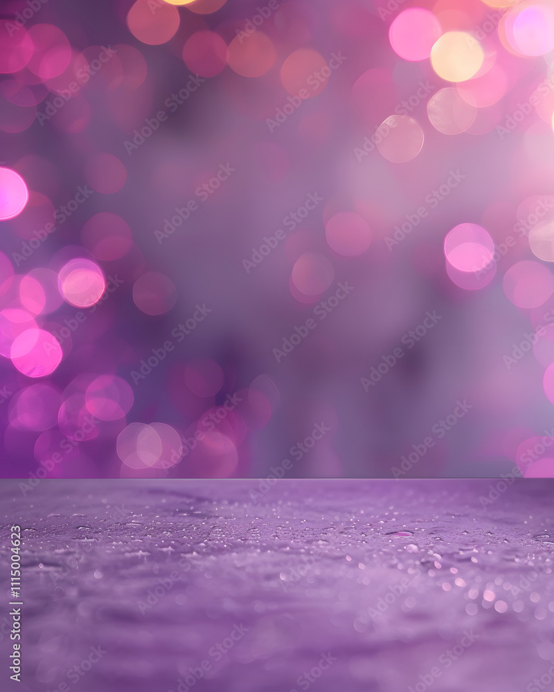Poster a blurred background of pink and purple bokeh lights with a textured surface in the foreground.