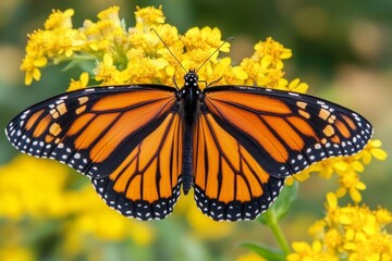 Fototapeta premium Monarch butterfly resting on bright yellow flower amidst a blurred natural backdrop in a sunny environment