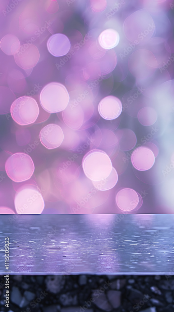 Poster a blurred background with purple bokeh and a reflective surface in the foreground.