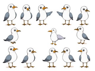 Cute seagull characters in various poses and expressions, hand-drawn in a cartoon style on a white background, vector, set, hand drawn