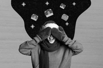 Creative photo collage illustration of happy funny positive girl wear santa hat mittens cover eyes...