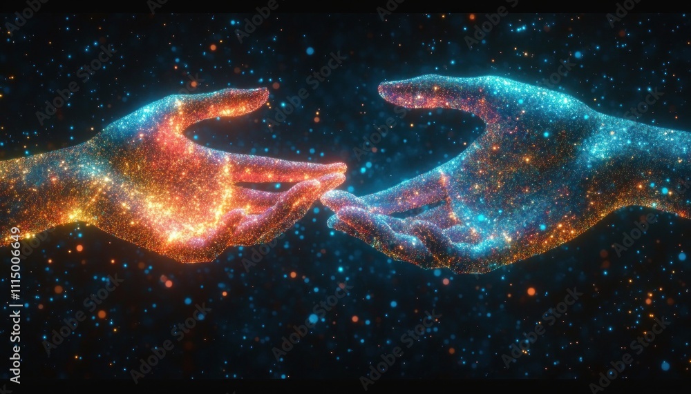 Poster digital connection of hands glowing in cyberspace bridging the blockchain divide