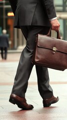 Business professional walks confidently on city sidewalk with leather briefcase during daytime