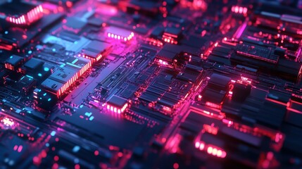 A computer chip with a pink and blue glow