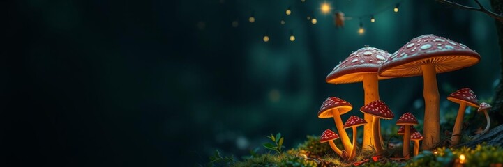 Enchanting birthday invitation card with fairy tale theme, fairy lights, toadstools, forest creatures, blank space for text, mystical, blank space, magical