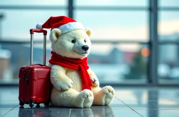 Polar Bear Toy with suitcase inside airport. Funny white Bear in Santa Clause hat and red scarf with luggage waiting for flight. Copy space. Concept of Christmas holidays, Travel and Winter tourism
