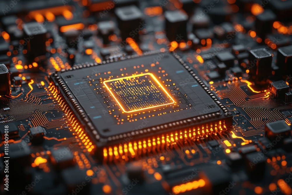 Poster glowing cpu microchip on circuit board technology hardware digital computing electronics innovation