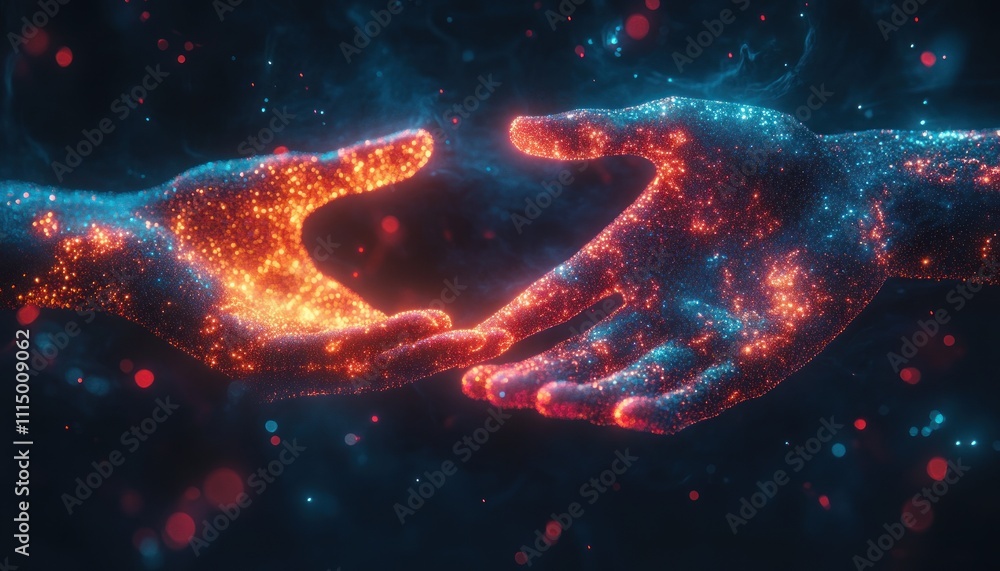 Poster digital connection of glowing hands in cyberpunk style reaching across divides