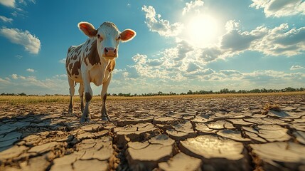 Cows in a dry, cracked field under the scorching sun, suffering from a lack of water due to the impacts of climate change