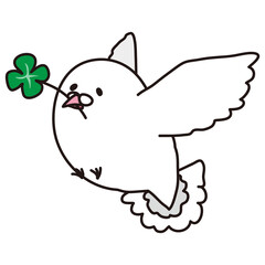 四葉のクローバーをくわえた白いハト