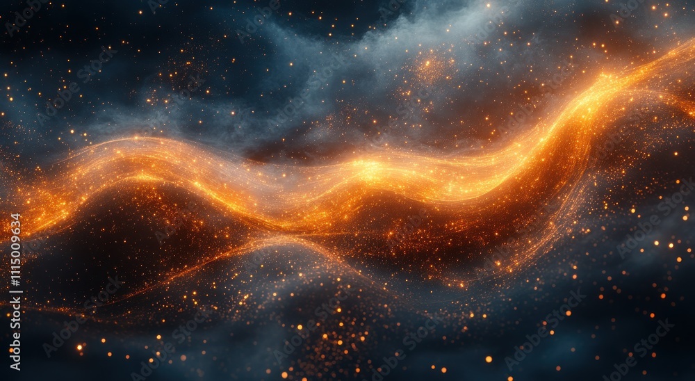 Poster abstract dark background with flowing gold particles and shimmering light design for magical and ele