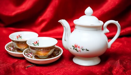 Fototapeta premium tea set on a red cloth background