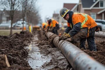 Utility workers install underground pipes. Generative Ai