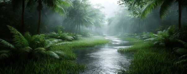 Lush Tropical Rainforest River Misty Jungle Landscape