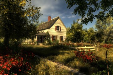 A serene countryside home surrounded by vibrant flowers and greenery.