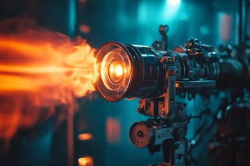 Light-emitting vintage film projector with drapes. Generative Ai