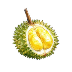 Obraz premium Collection of PNG. Watercolor painting of a yellow durian fruit ready to eat, isolated on a transparency background.