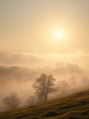 Obraz premium Misty morning with smoke particles gently floating in the air, illuminating a serene and peaceful landscape of trees and hills, smoke, natural, float