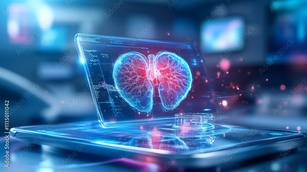 Poster futuristic digital display of human heart and brain with data visuals