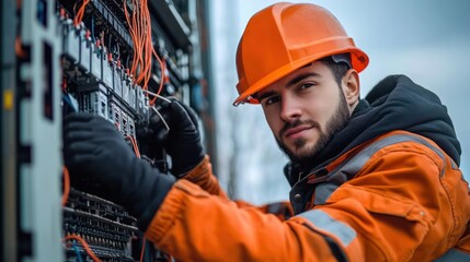 Technician in Orange Hard Hat and Gloves Working on Electrical Panels Outdoors in Natural Light