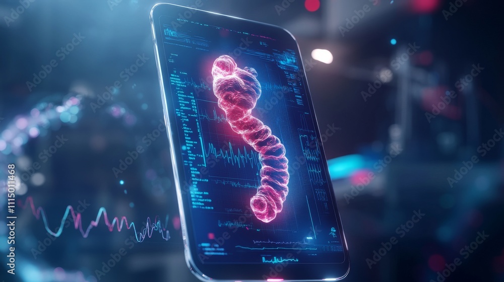 Poster 3d visualization of dna helix on smartphone screen with data graphs