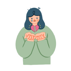割れたハートを手のひらで持つ女性のイラスト